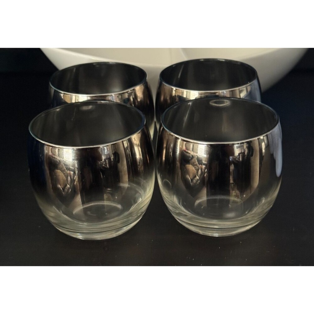 4 Dorothy Thorpe Roly Poly Silver Band Glass Mid-Century Modern 8oz